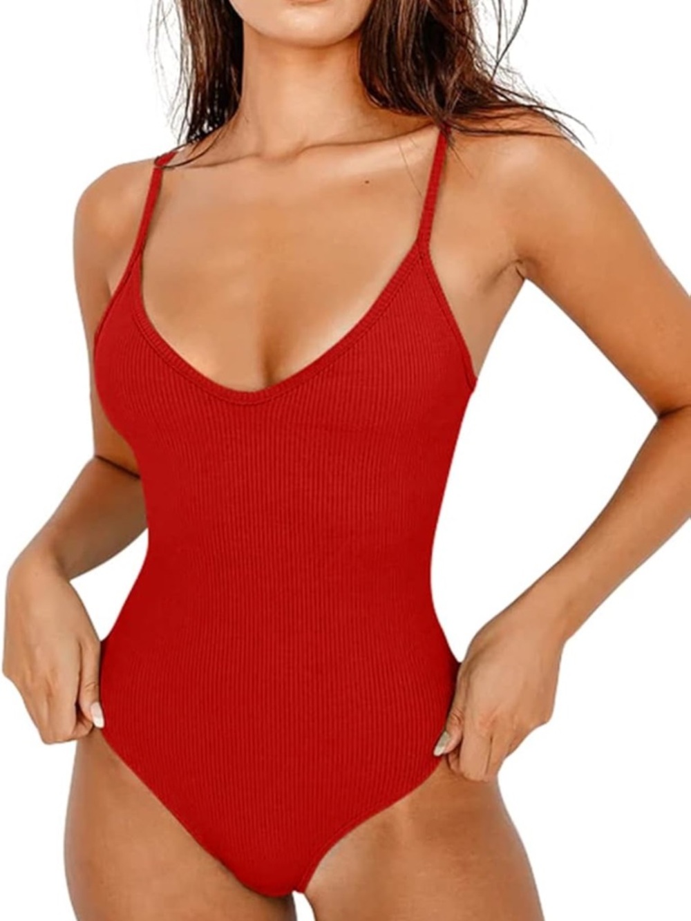 Amazon Red Ribbed V-Neck Bodysuit with Thin Straps